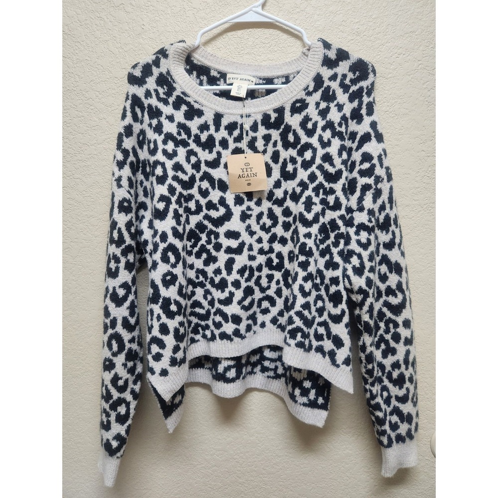 NWT Yet Again Leopard Print Cropped Sweater Women's Size L Cozy Boho Chic
